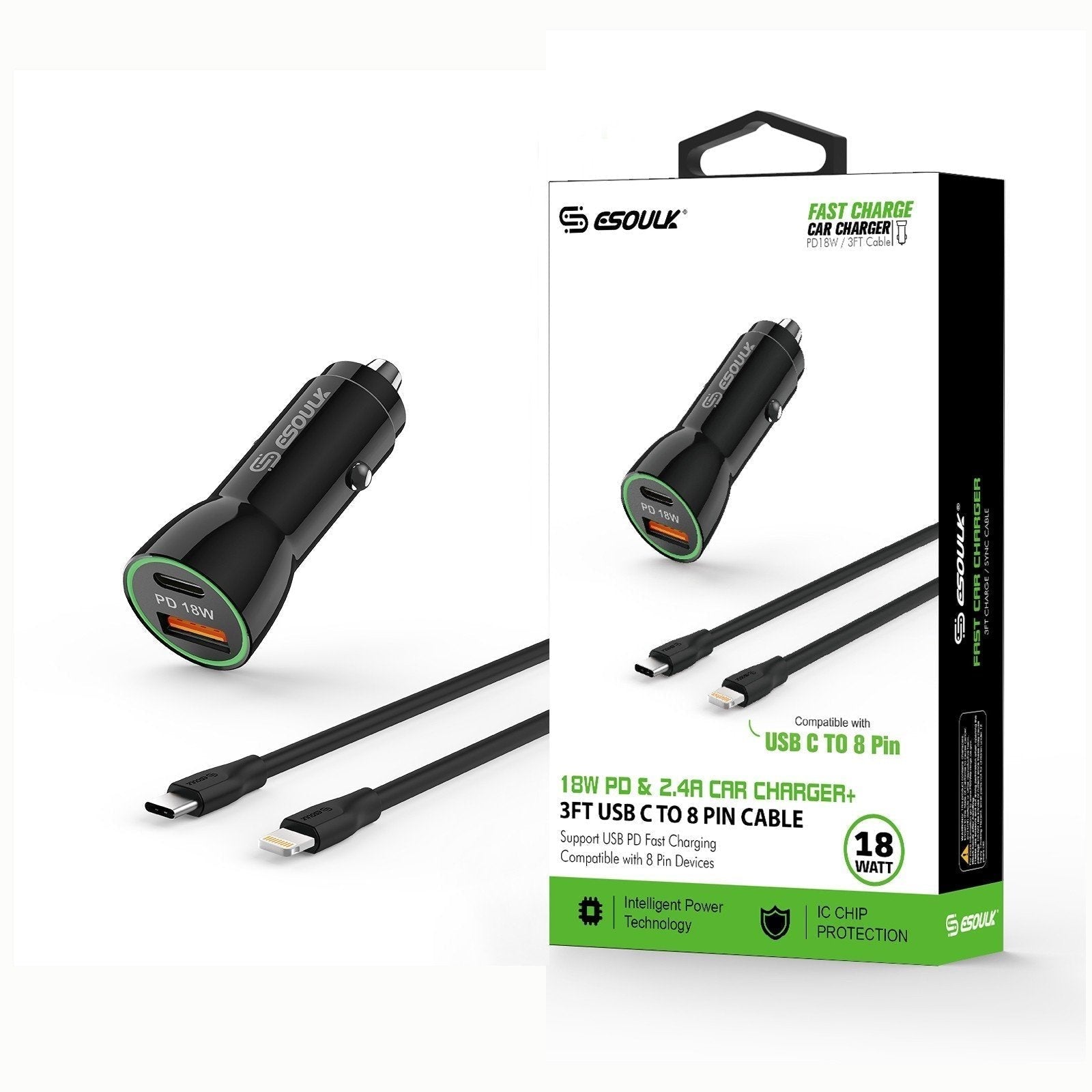 Esoulk Black 18W PD Charger & USB-A 3ft C To iPhone Cable